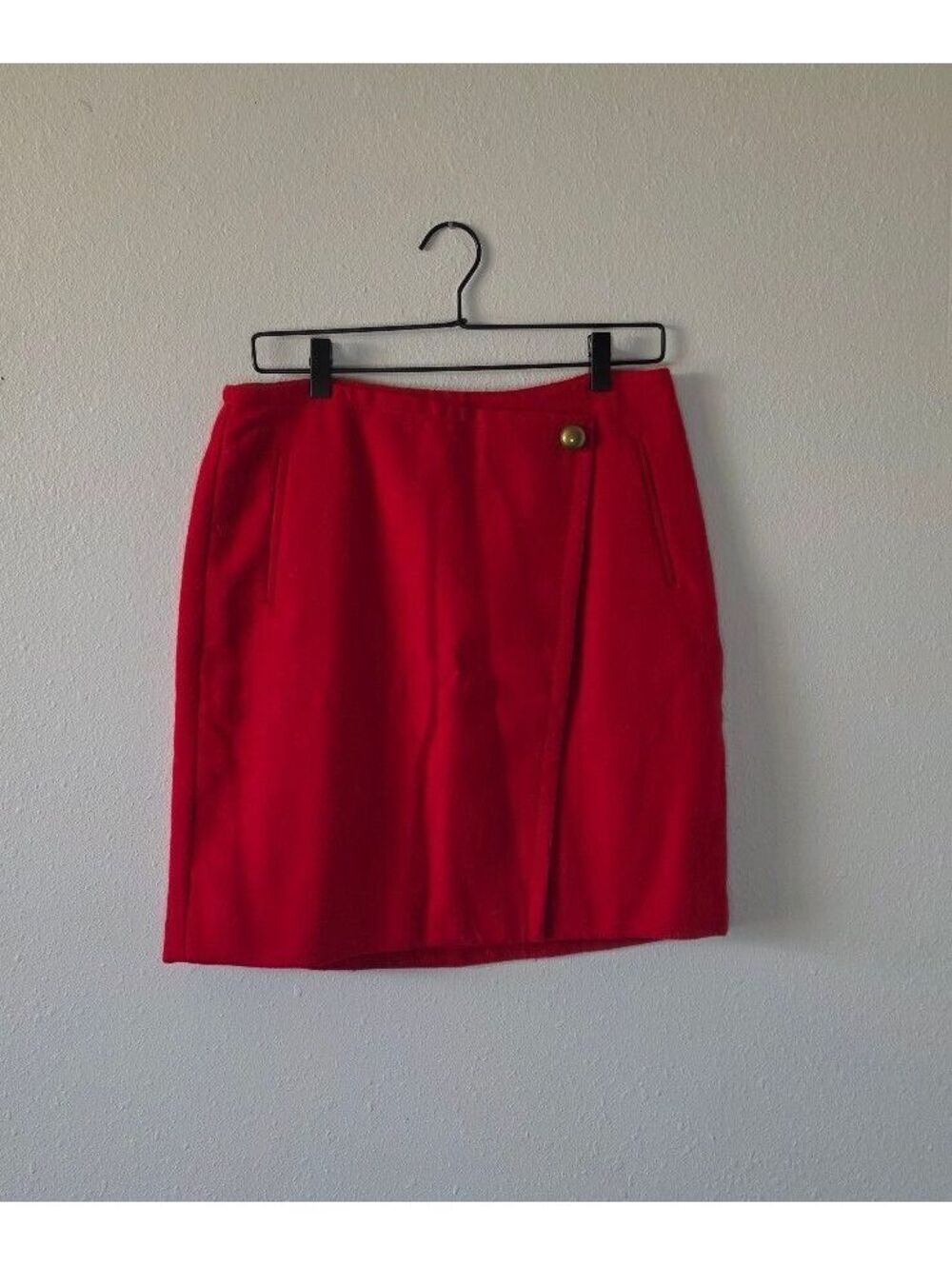 Talbots Petites Red Wool Blend Faux Wrap Skirt Gold Button Size 8P